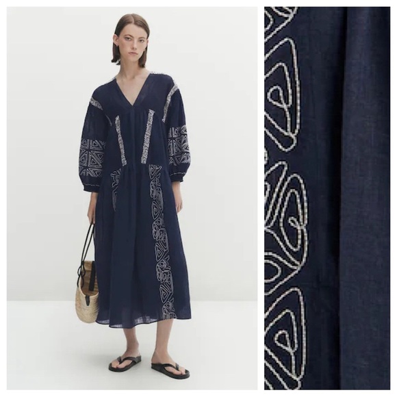 NWT. Massimo Dutti Blue Linen Blend Midi Dress with Embroidery Details Size M-L.